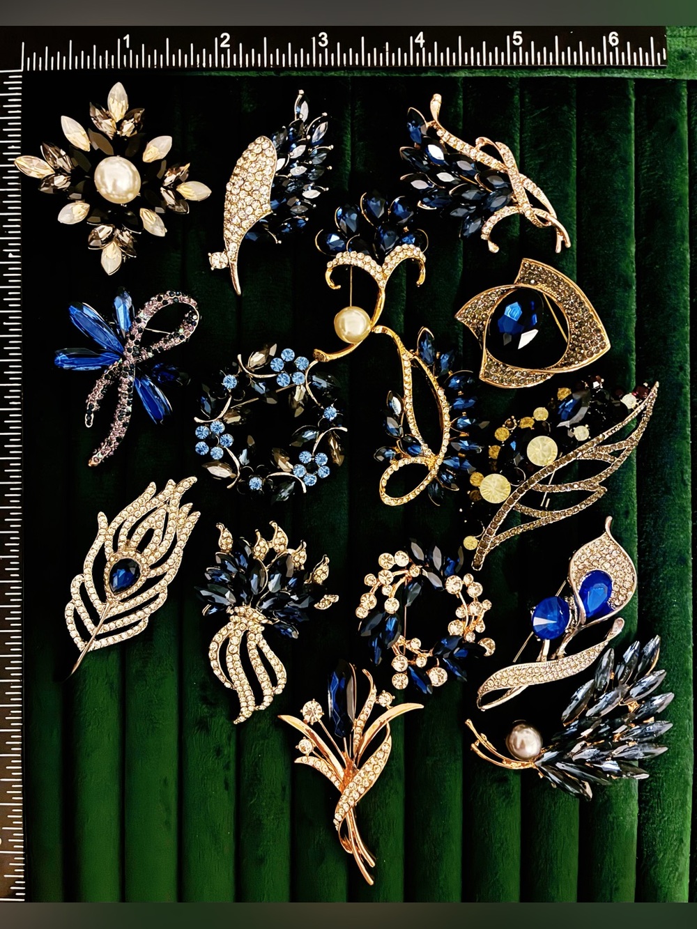 15 Pc Navy Blue Crystal Brooch Lot Rhinestone Flower Leaf Wreath Gift